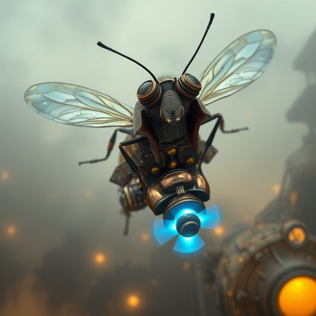 Steampunk Mosquito Soaring Over Webroad in Industrial Futuri...