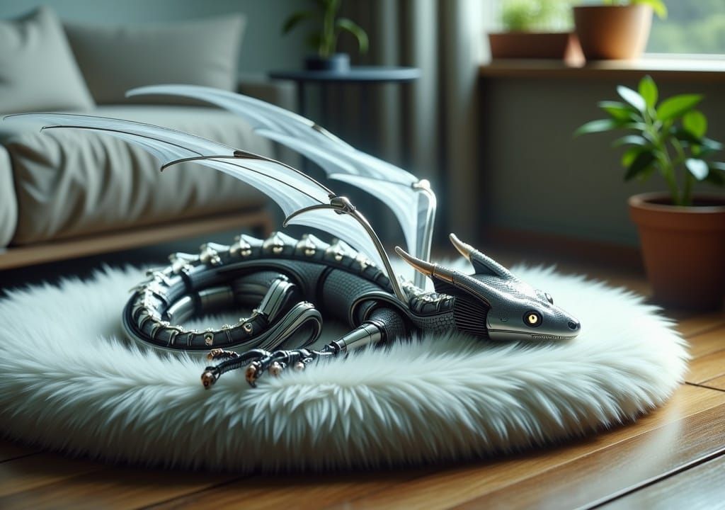 Mechanical Dragon on Pet Bed: Hyperrealistic CGI