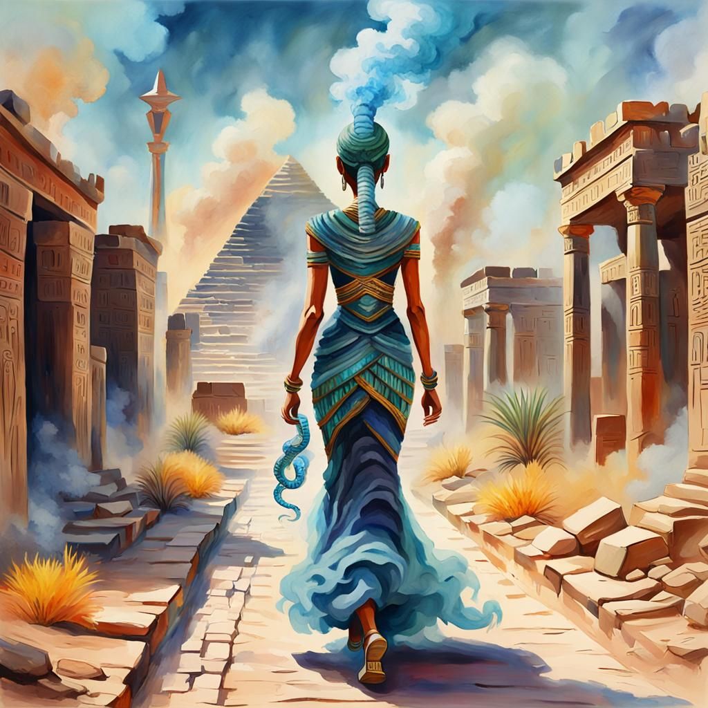 Crystal Serpent Woman Walks to Egypt in Gouache Style