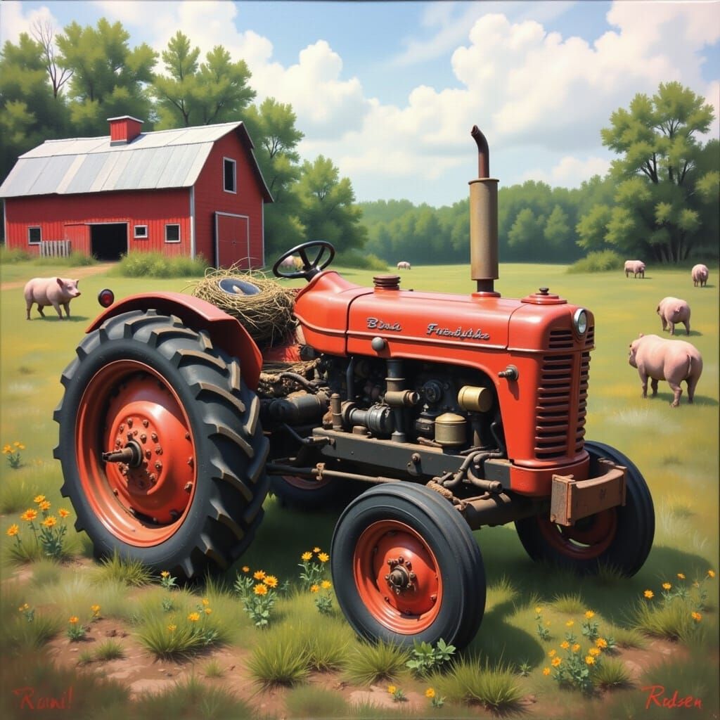 Rustic Red Barn Scene with Pigs and Tractor