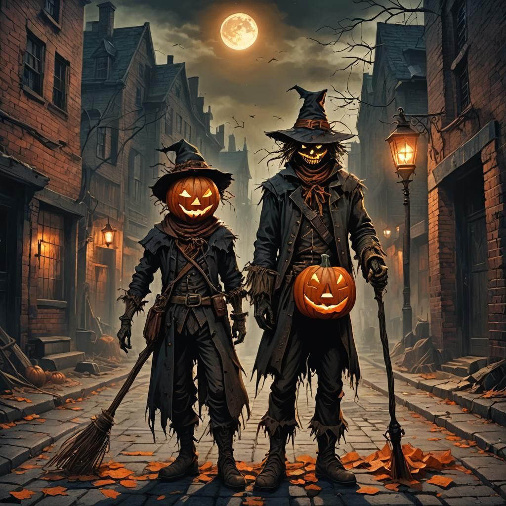 Eerie Scarecrow with Jack O'Lantern Head in Dark City