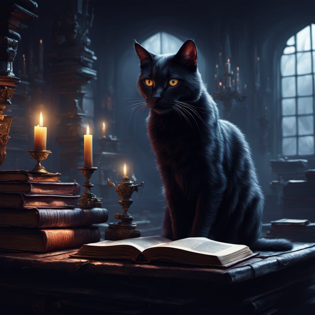 Black Cat on Books in Dark Fantasy Style