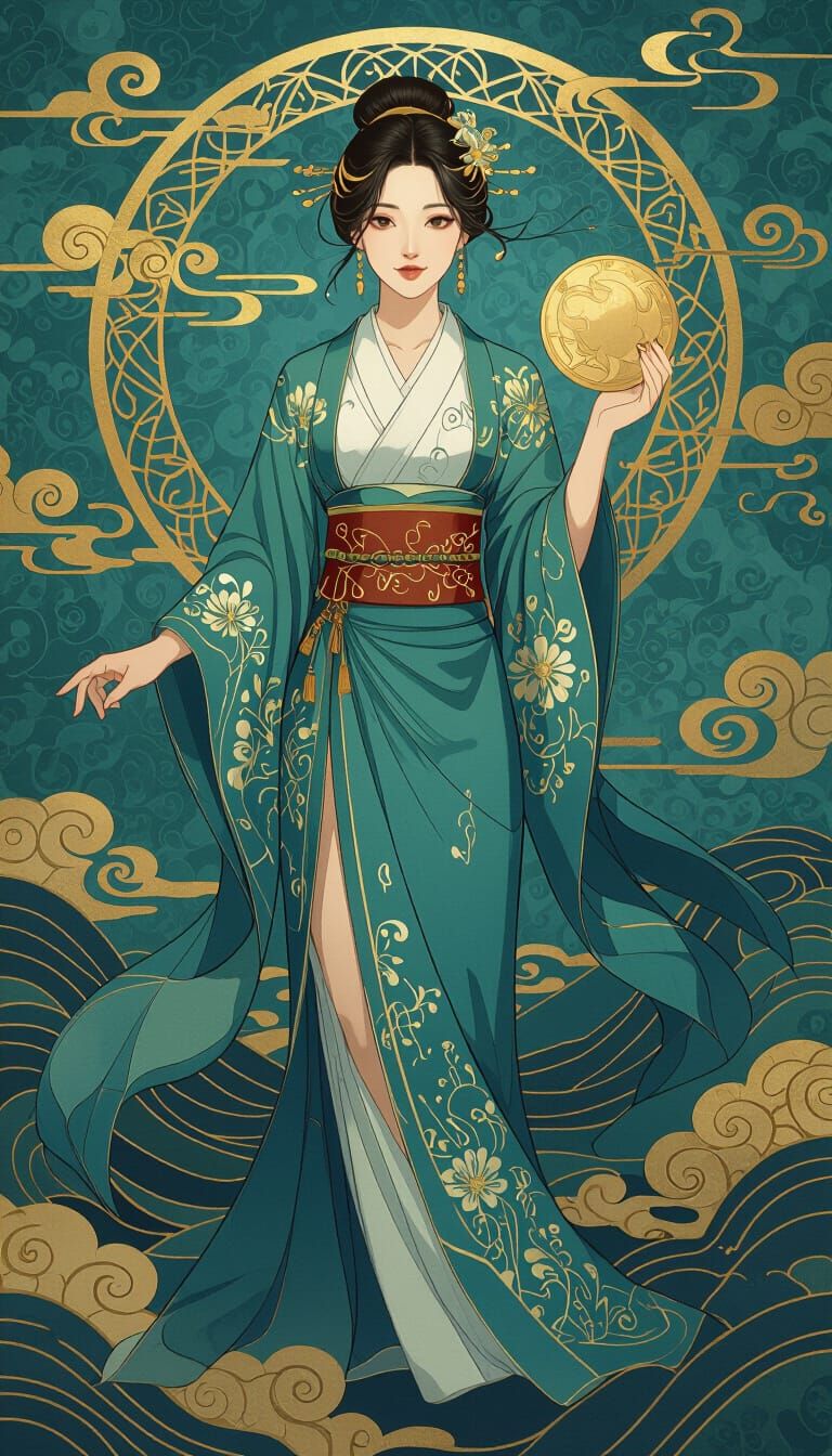 Japanese Woman Holds Sun Disc in Teal Robe