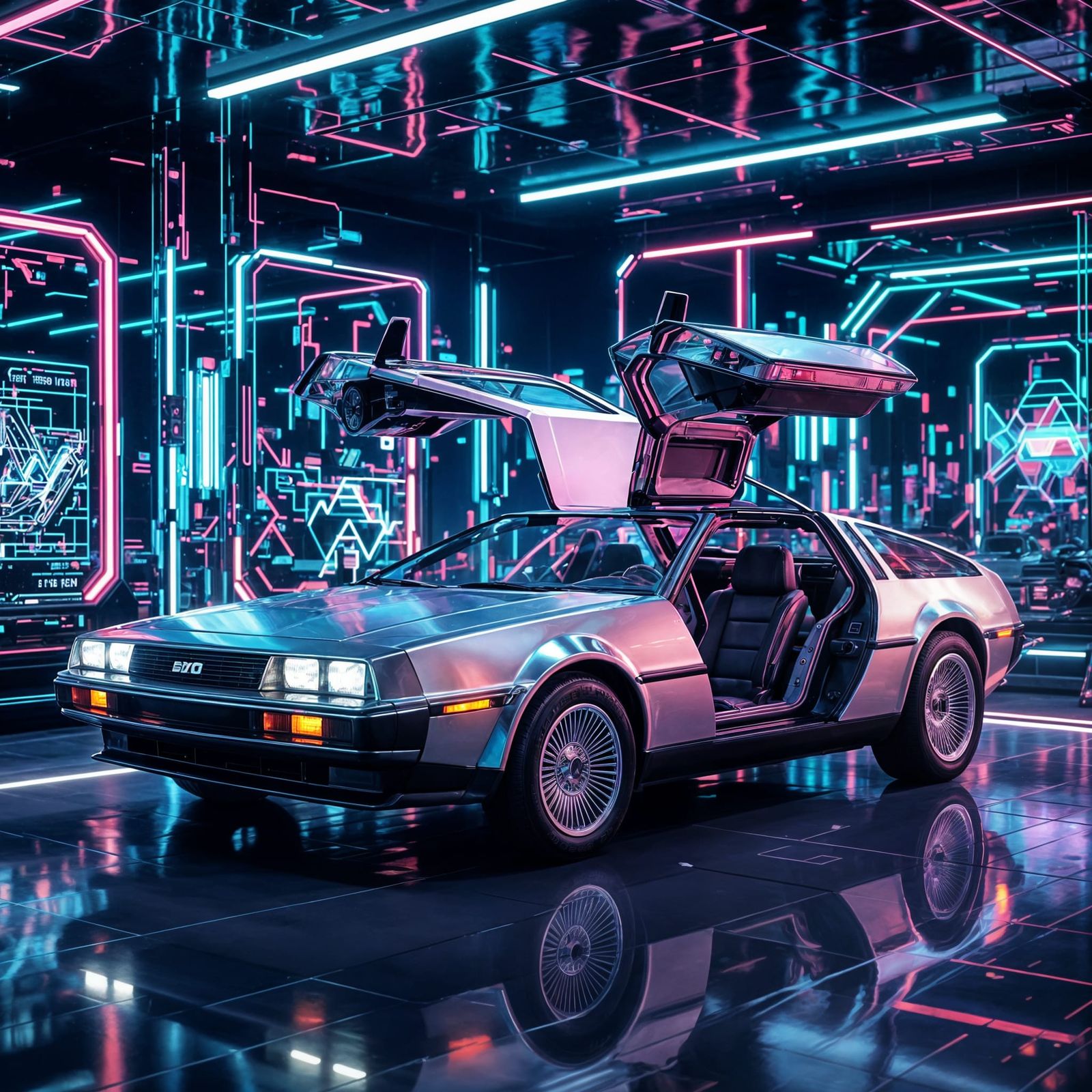 Futuristic DeLorean Showroom with Vaporwave Aesthetics