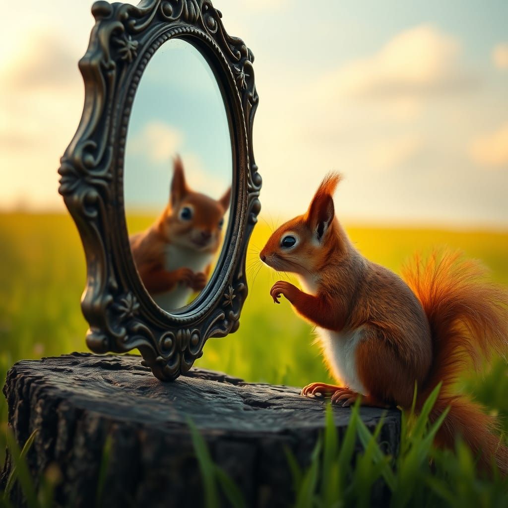 Vibrant Red Squirrel Contemplates Its Reflection in a Weathe...