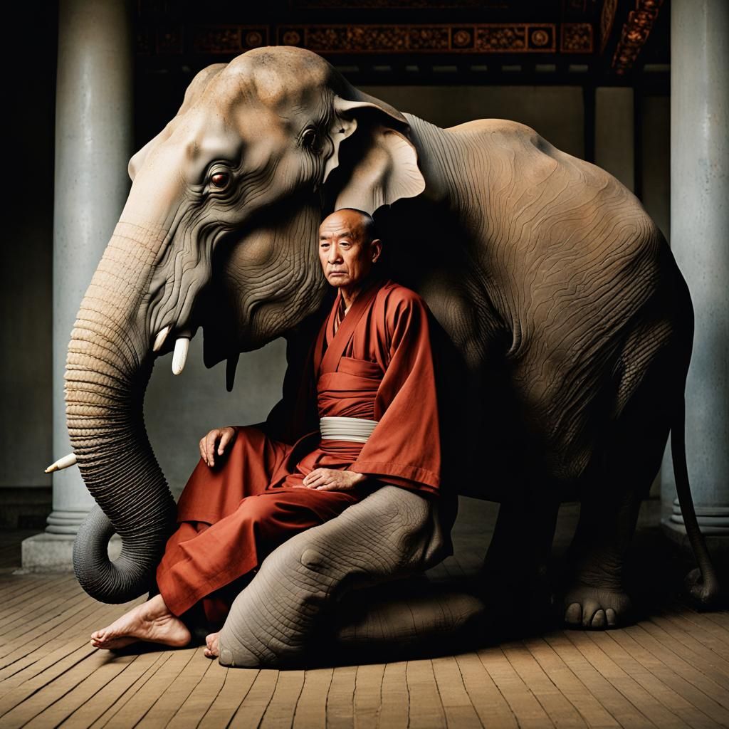 Buddhist Man and Elephant in Japanese Painting Style