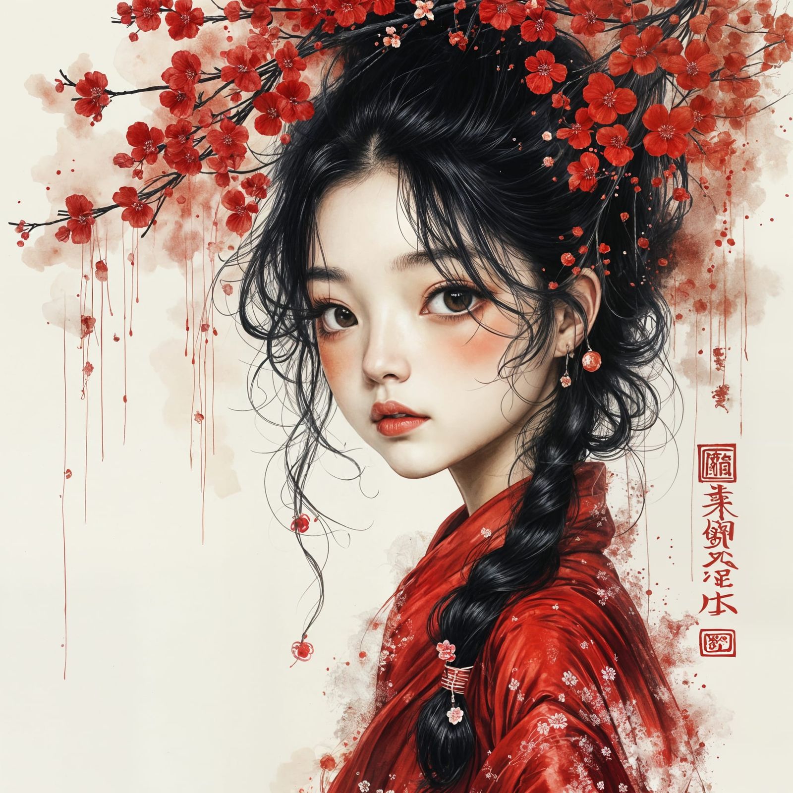 Exquisite Female Portrait in Japanese Ink Wash Style