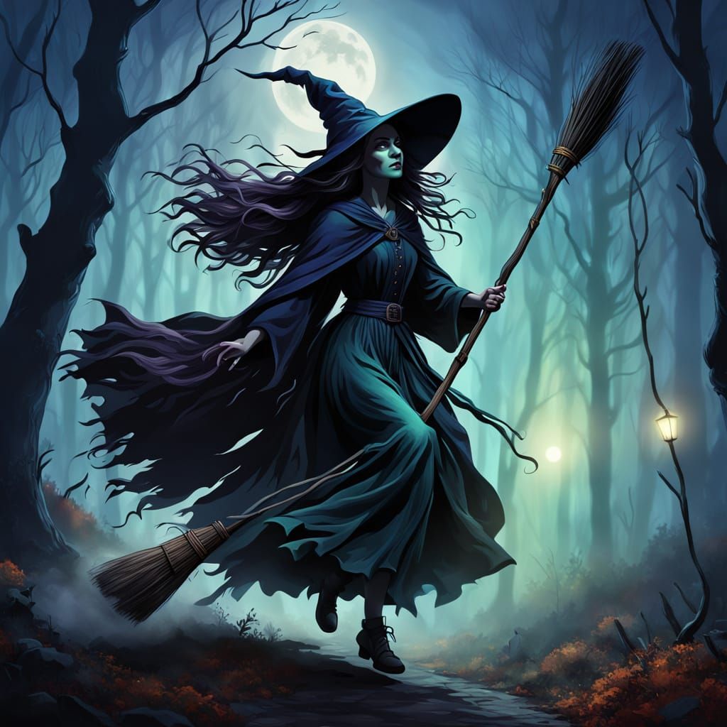 Mystical Witch soars through Moonlit Forest