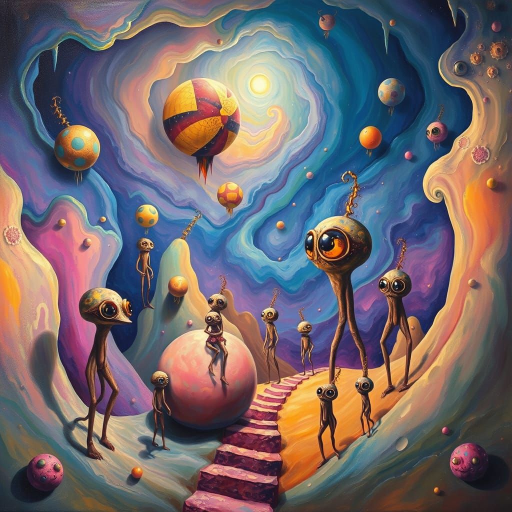 Surreal Dreamscape with Whimsical Figures and Floating Objec...