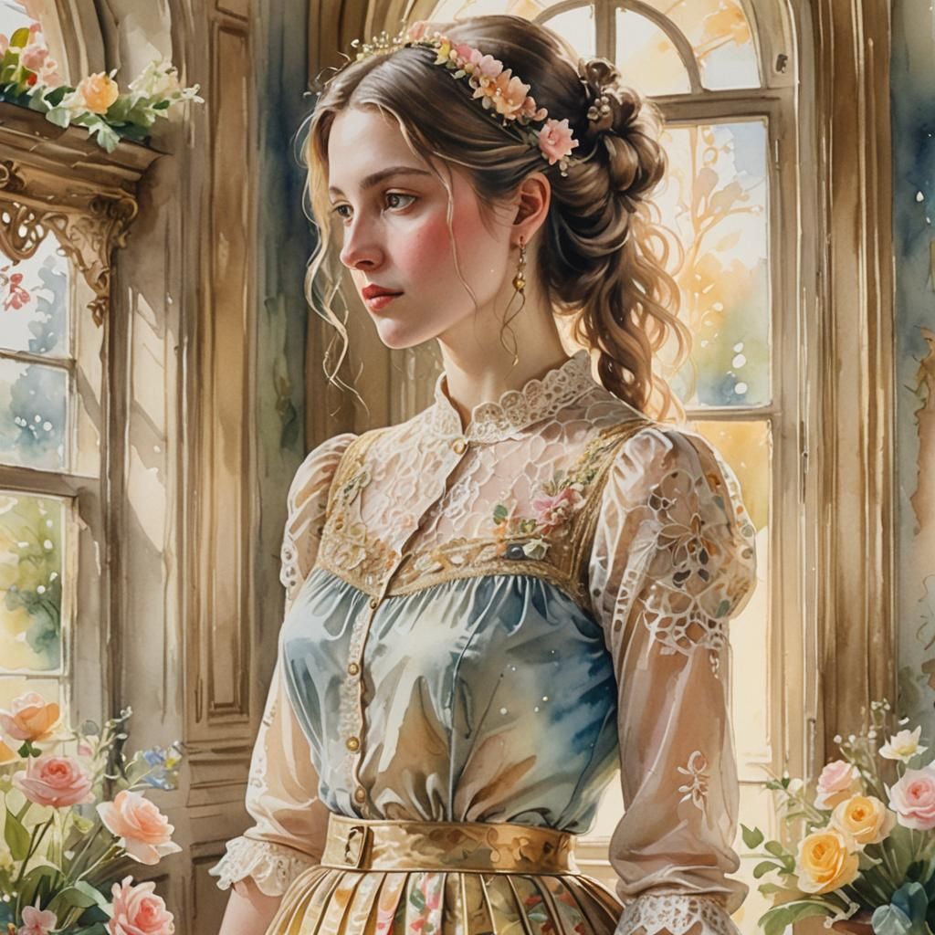 Woman Holding Mini Skirt in Palace: Watercolor Painting