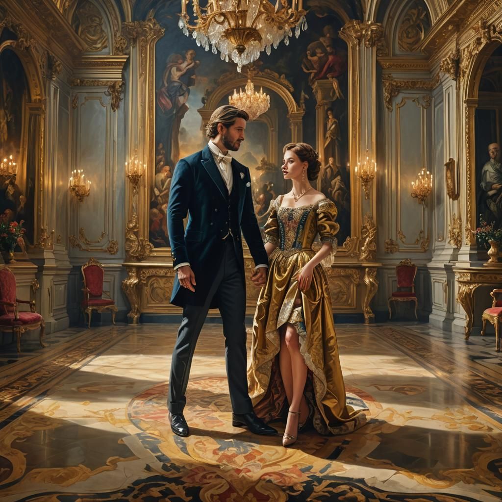 Baroque Oil Painting: Man Gazing at Woman in Palace