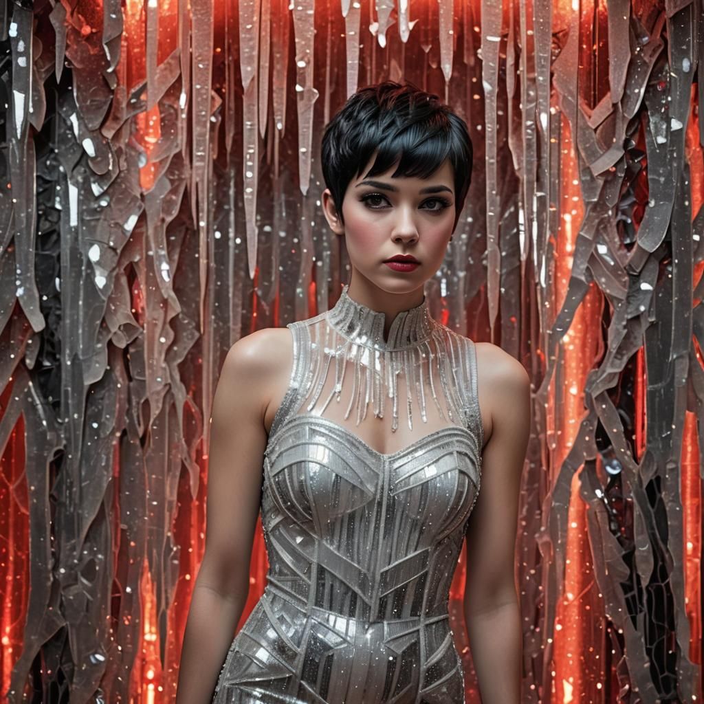 Woman in Crystal Dress in Ballroom