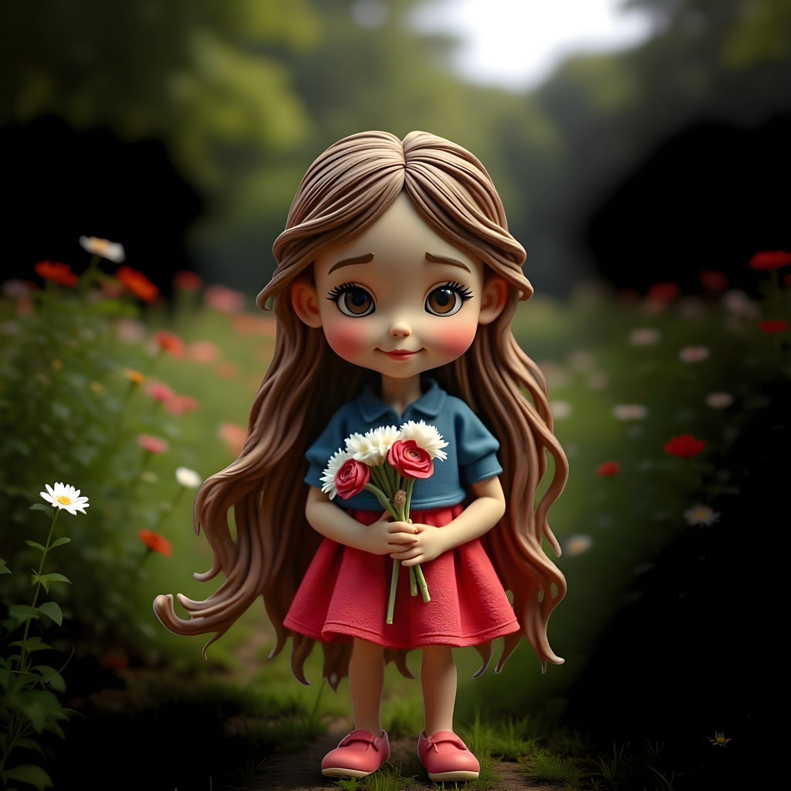 Claymation Girl in Red and Blue Dress Holding Flowers