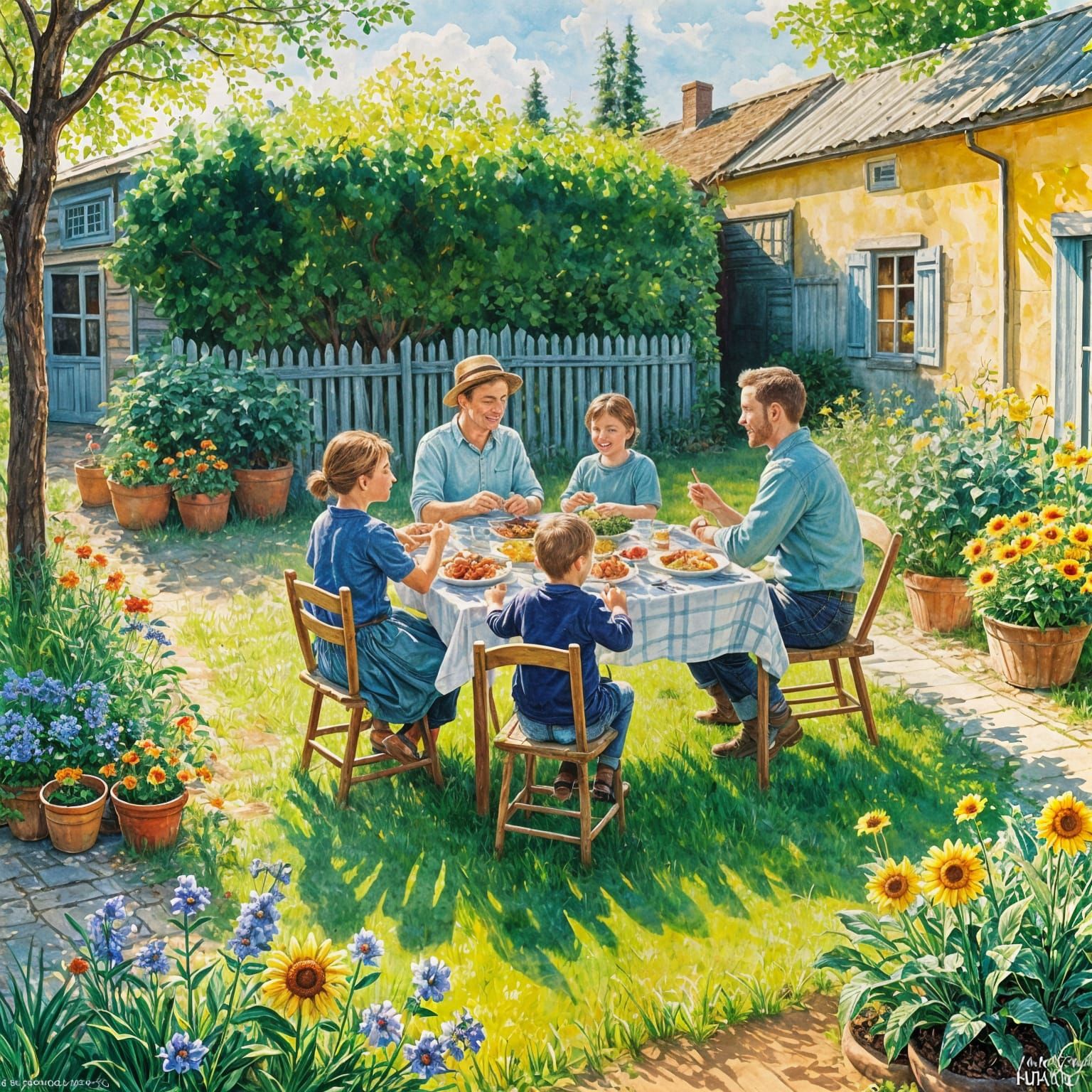 Happy Family Farm Lunch in Gouache Watercolor Style