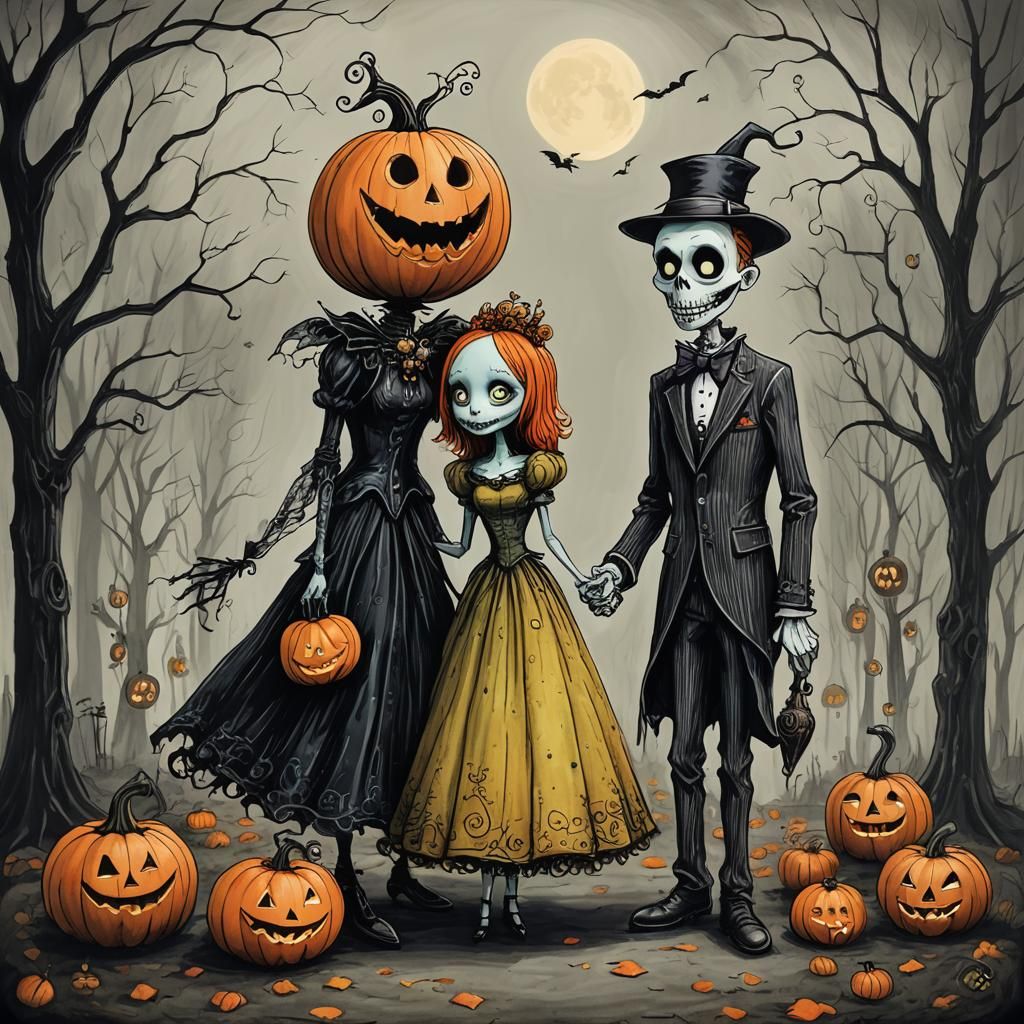 Jack Pumpkinhead and Pumpkin Princess, in Burtonesque Style