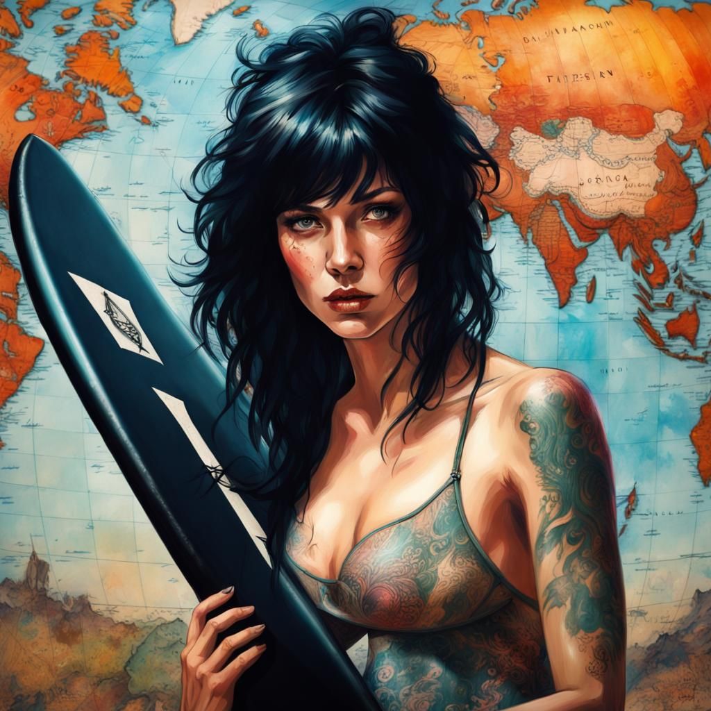 Woman with Surfboard and World Map, Detailed Matte Painting