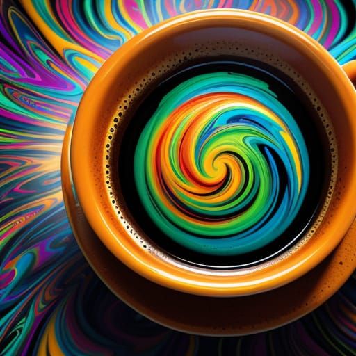 Vibrant Psychedelic Coffee Cup Art in Hyper-Realistic 3D