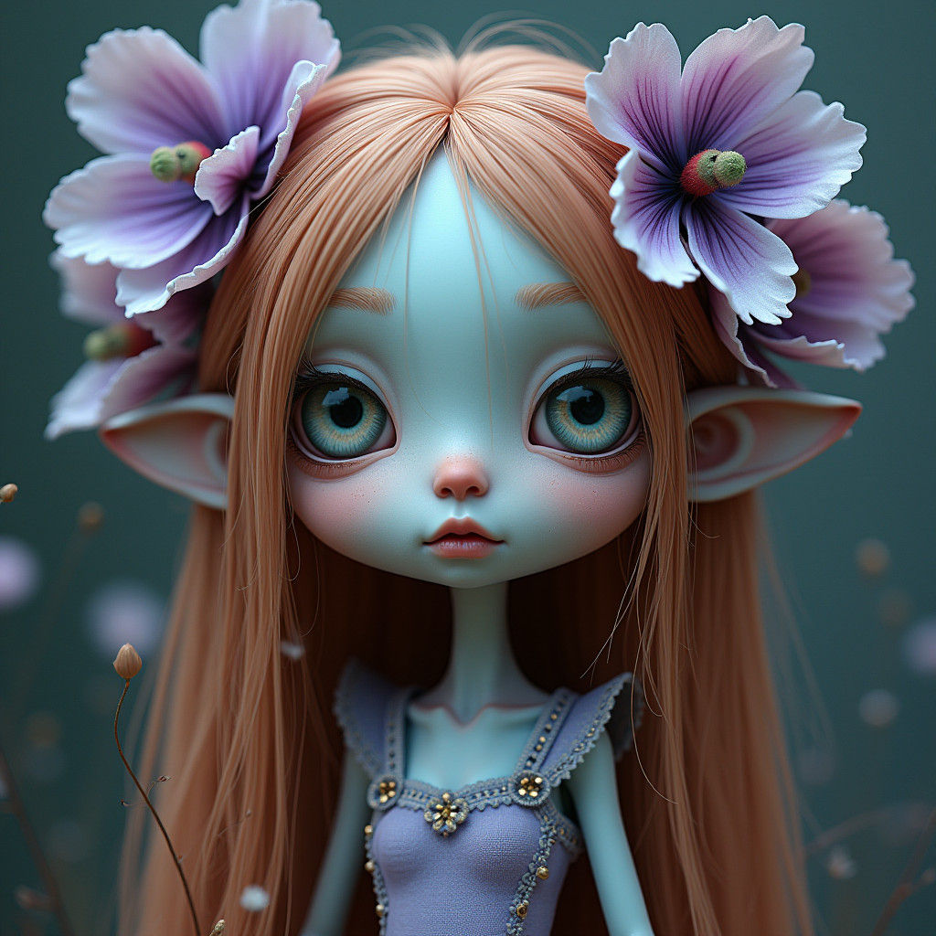 Surreal Whimsical Character with Flowers and Big Eyes