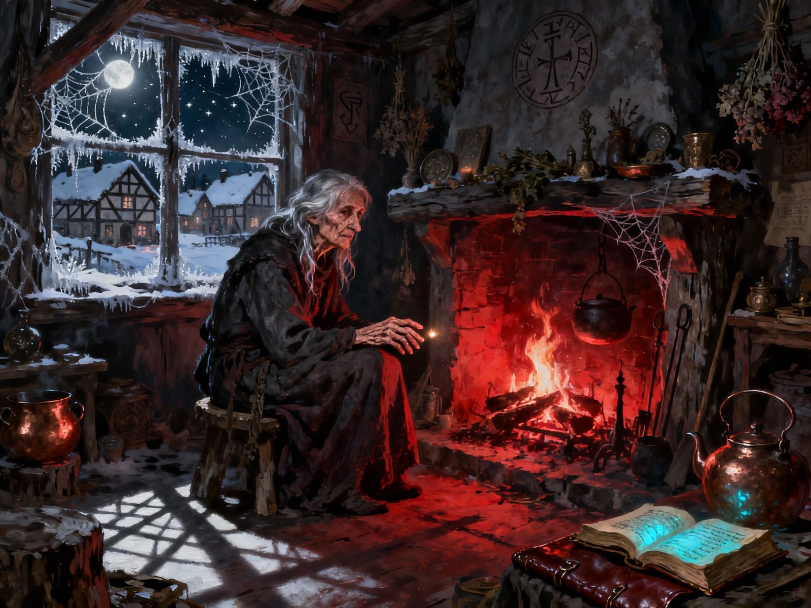 Wise Witch by Hearth in Cozy Gothic Cottage