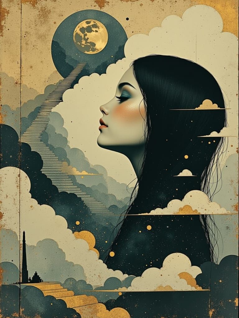 Surreal Portrait: Woman Dissolving into Dreamscape