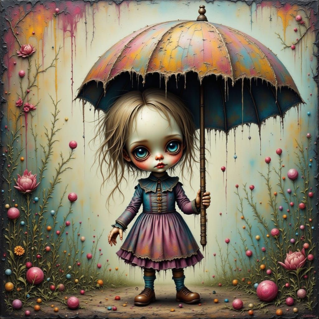 Surreal Pop Surrealist Doll Dances with Umbrella in Whimsica...