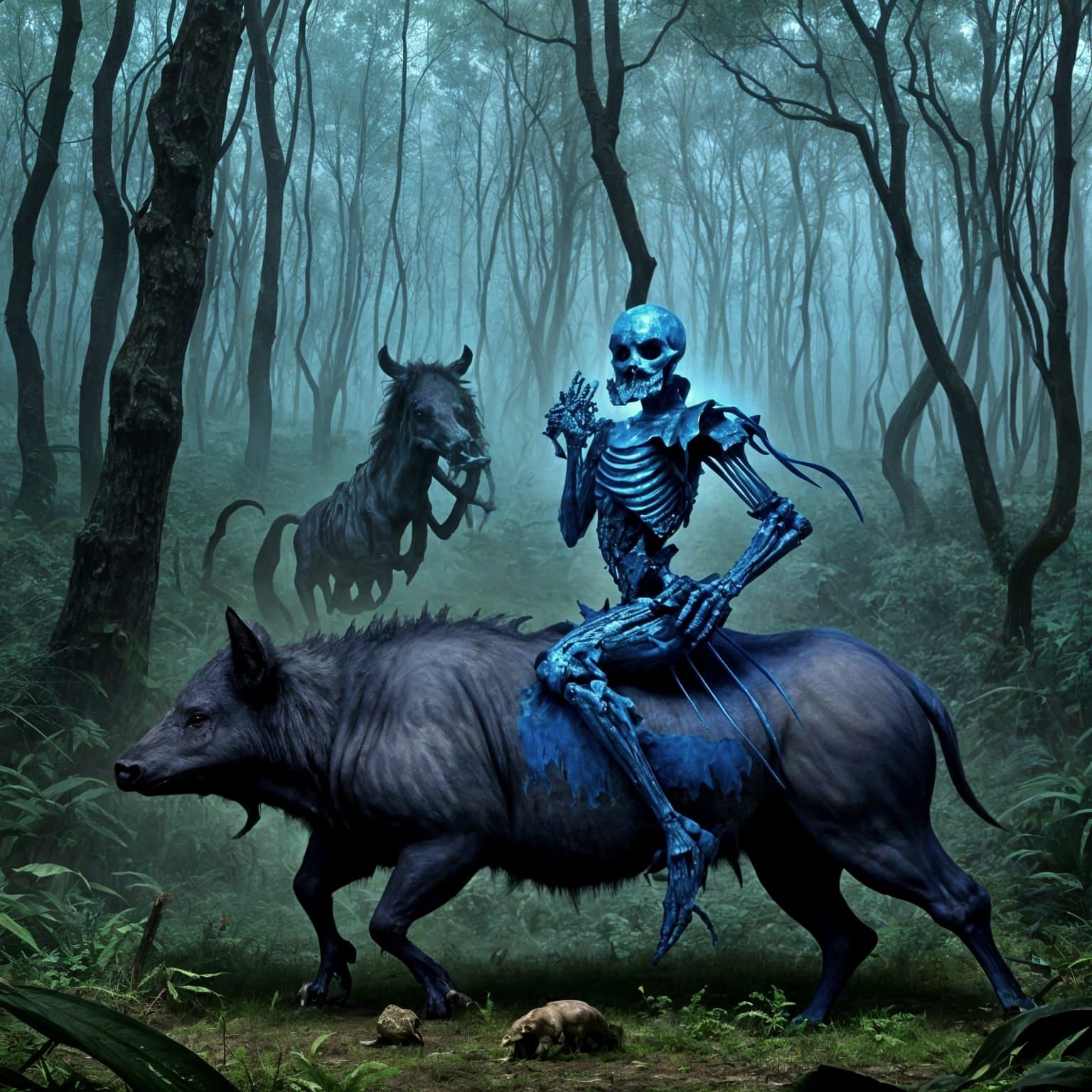 Azure Ghostly Boar Warriors in Surreal Forest
