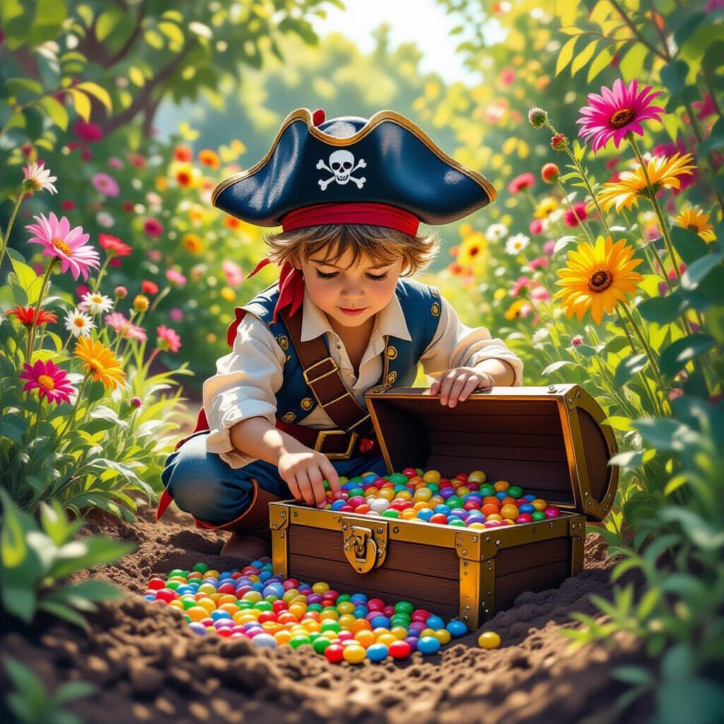 Boy Pirate Finds Candy Treasure, Whimsical Art