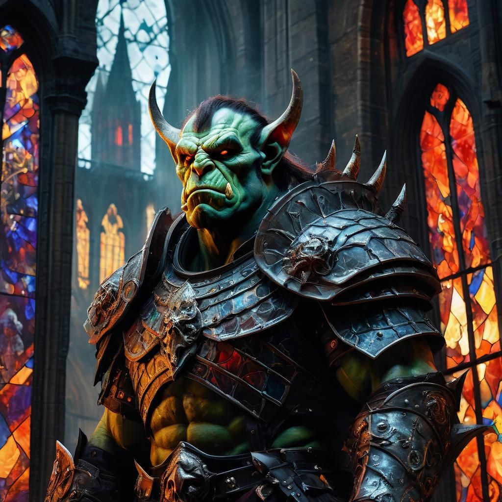 Grotesque Orc Warrior in Baroque Cityscape, Dark Fantasy Ill...