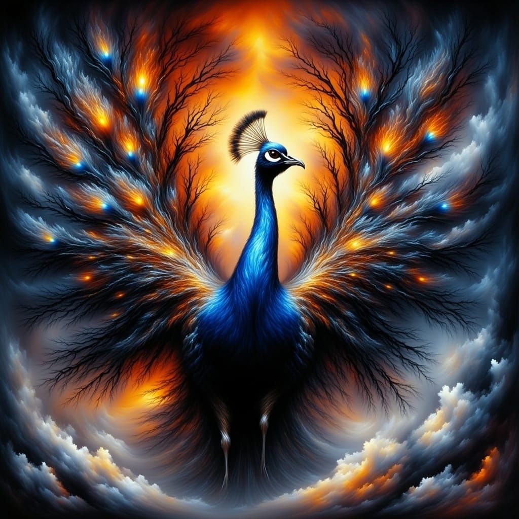 Vibrant Peacock Portrait in Full Front View with Fanned Feat...