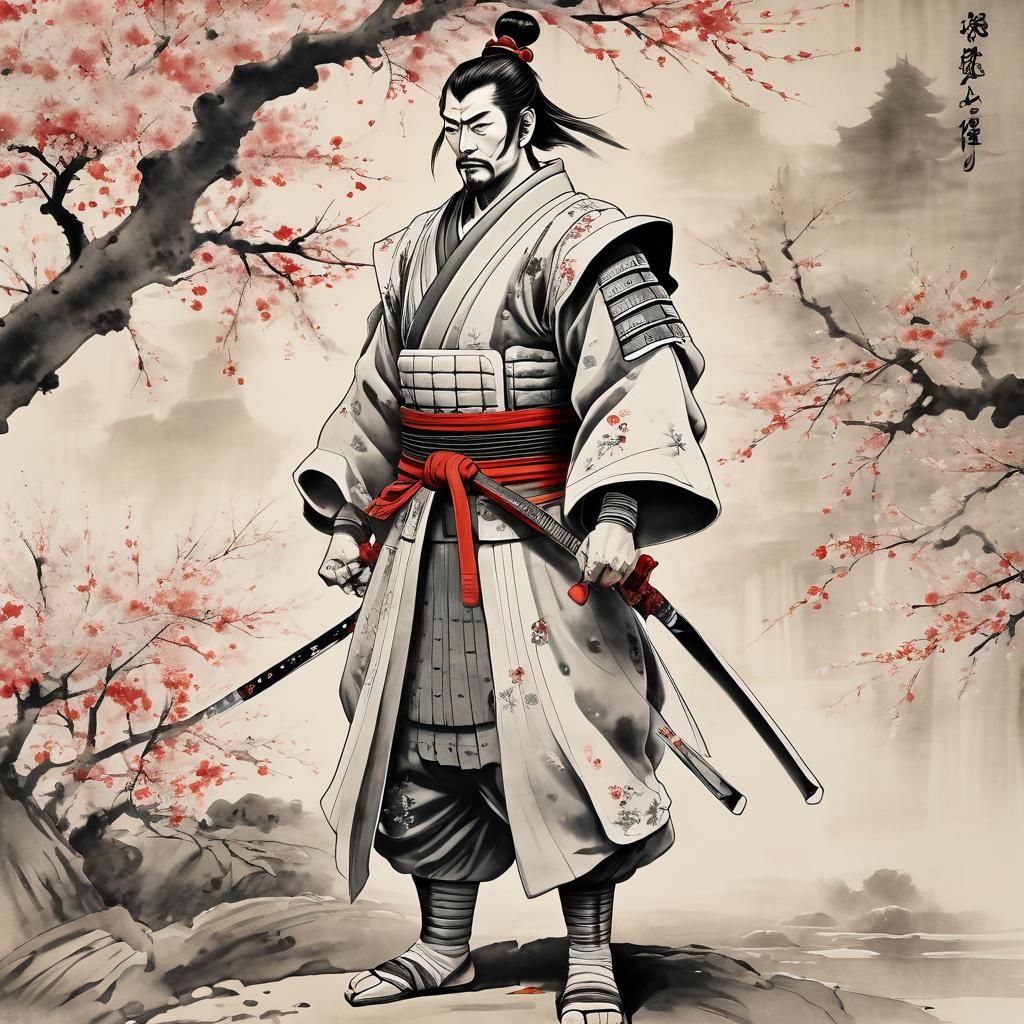 Imposing Samurai with Katana in Ukiyo-e Style
