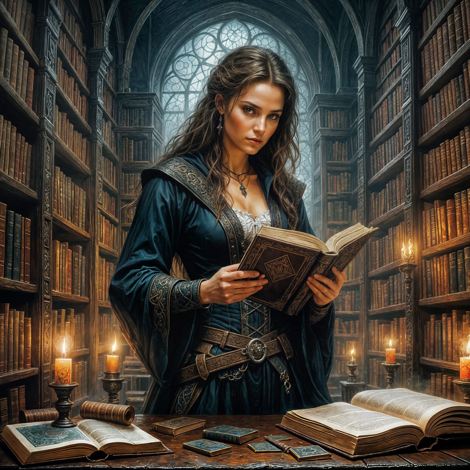 Female Thief Stealing Magic Tome in Dark Library