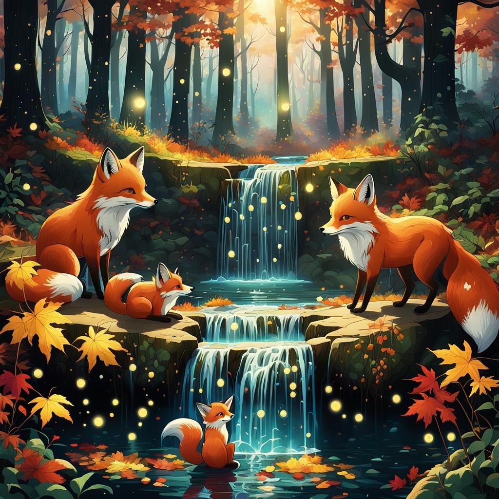 Enchanted Autumn Forest: Fox Family Gathering, Anime Style