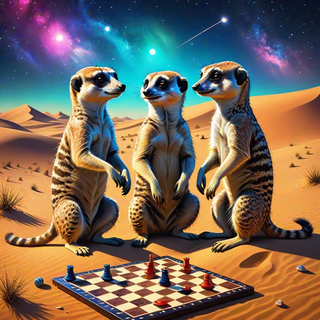Meerkats Engage in Cosmic Checkers on Celestial Sand Dunes