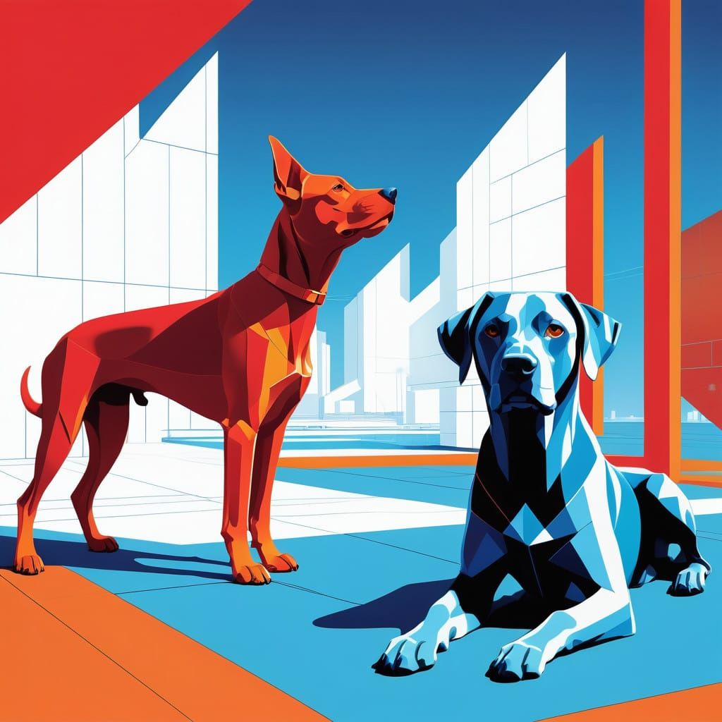 Symmetric Canine Encounter in Graphic Bauhaus Style