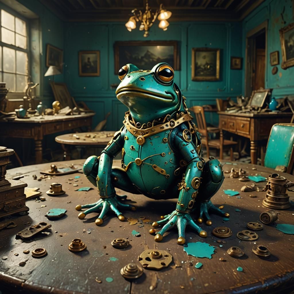 Retro Fantasy Toy Frog in Abandoned Room