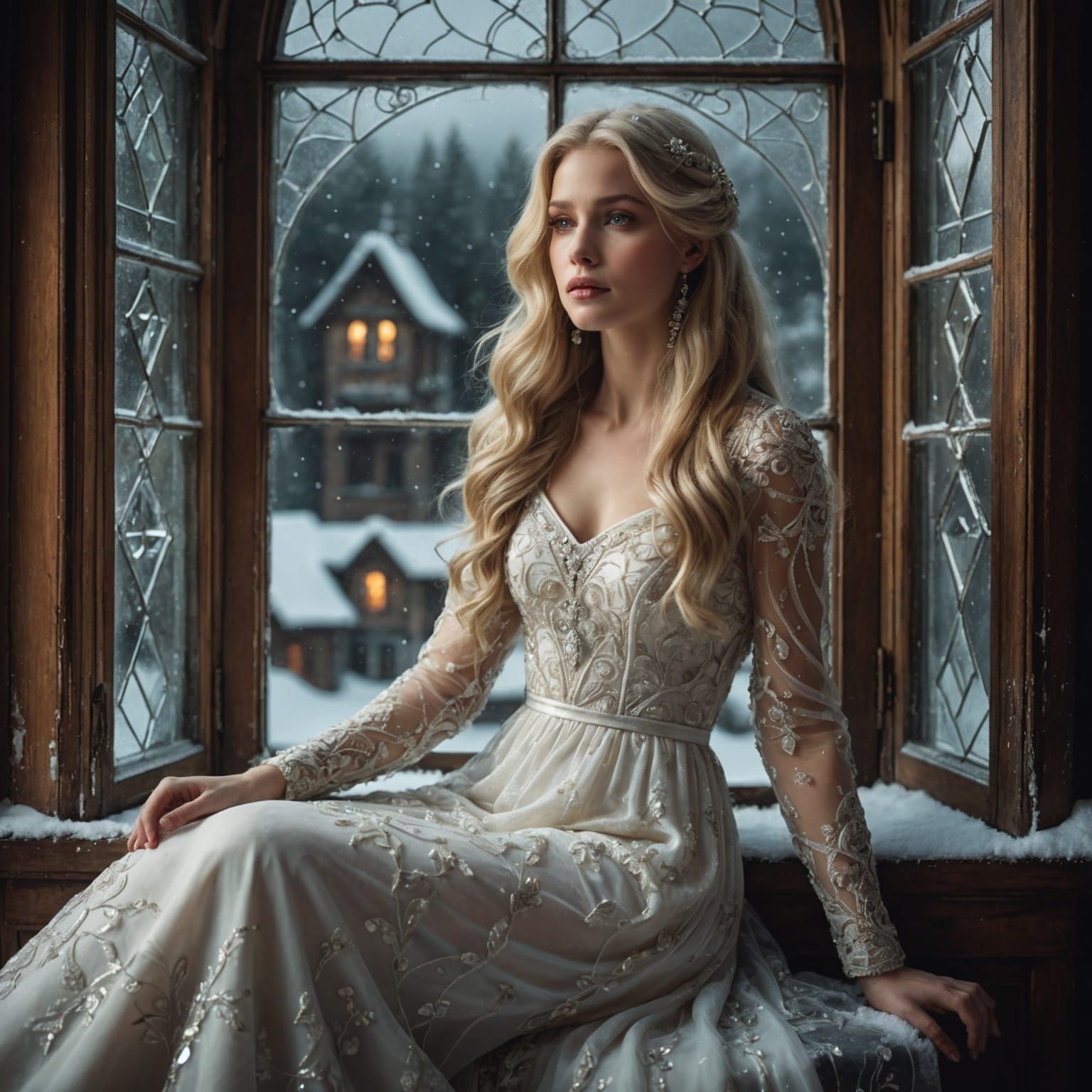 Woman in White Dress Gazing at Snowstorm