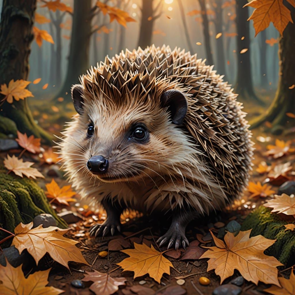 Whimsical Hedgehog Collecting Leaves in Golden Hour Forest