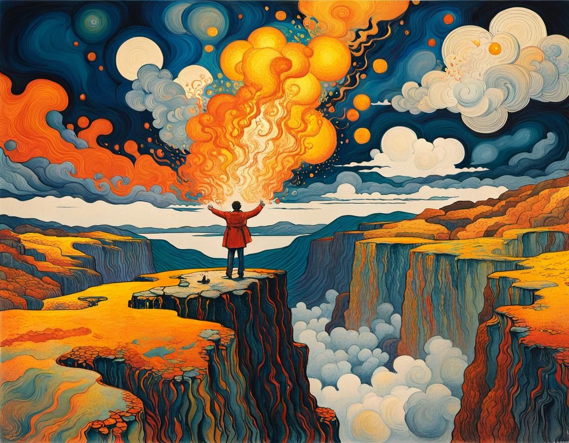 Expressionist Figure Embraces Colorful Cliffside View