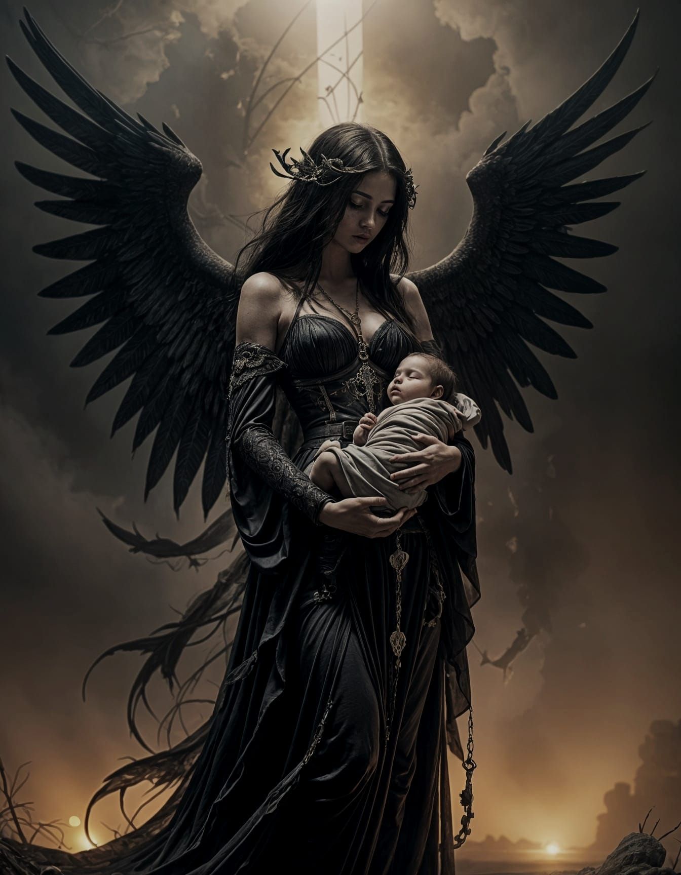 Solemn Figure of Mortality Holds Infant Soul