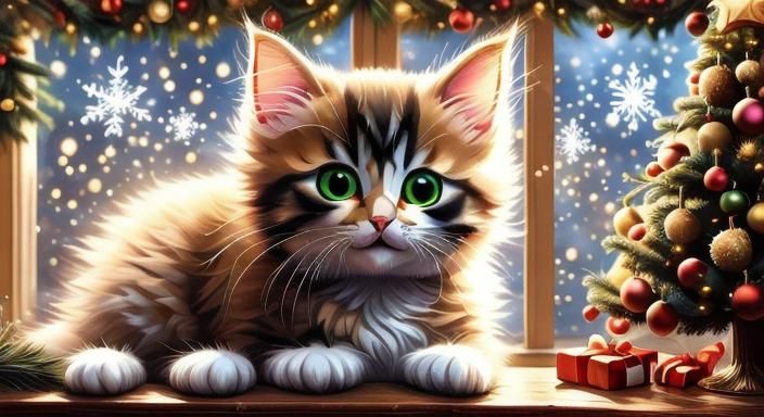 Cozy Christmas Scene with Fluffy Kitten