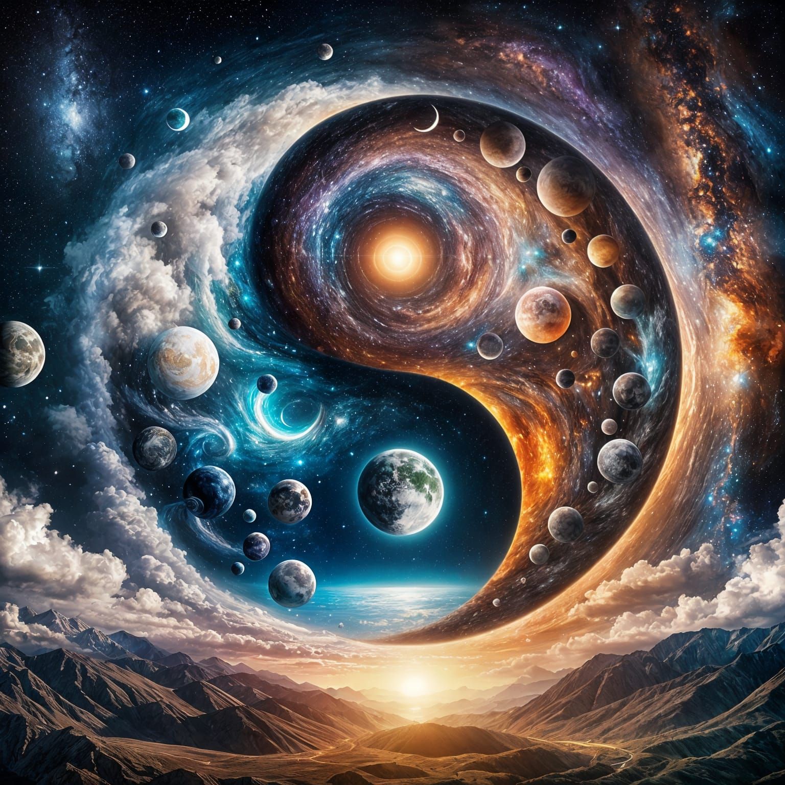 Surreal Harmony of Cosmic and Earthly Elements in Balance