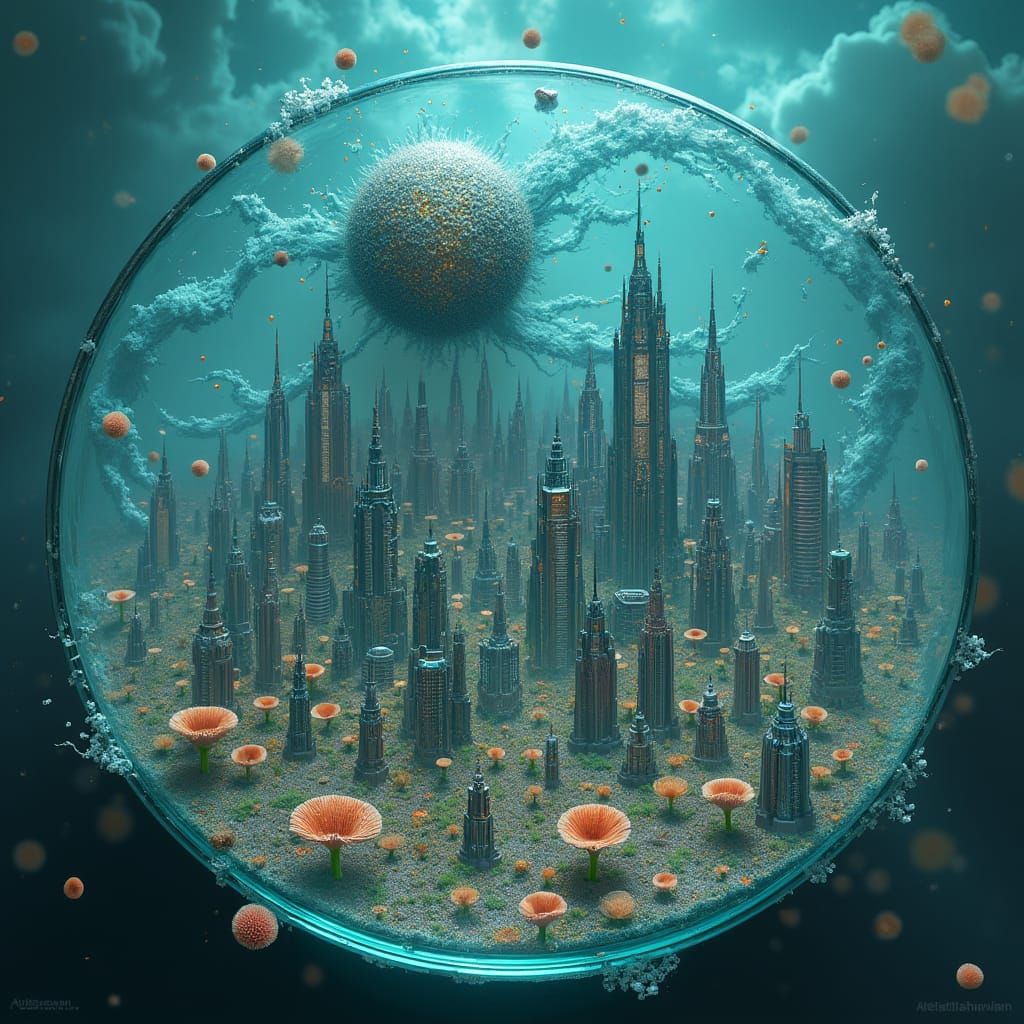 Mystical Petri Dish Metropolis with Penicillin Molecule