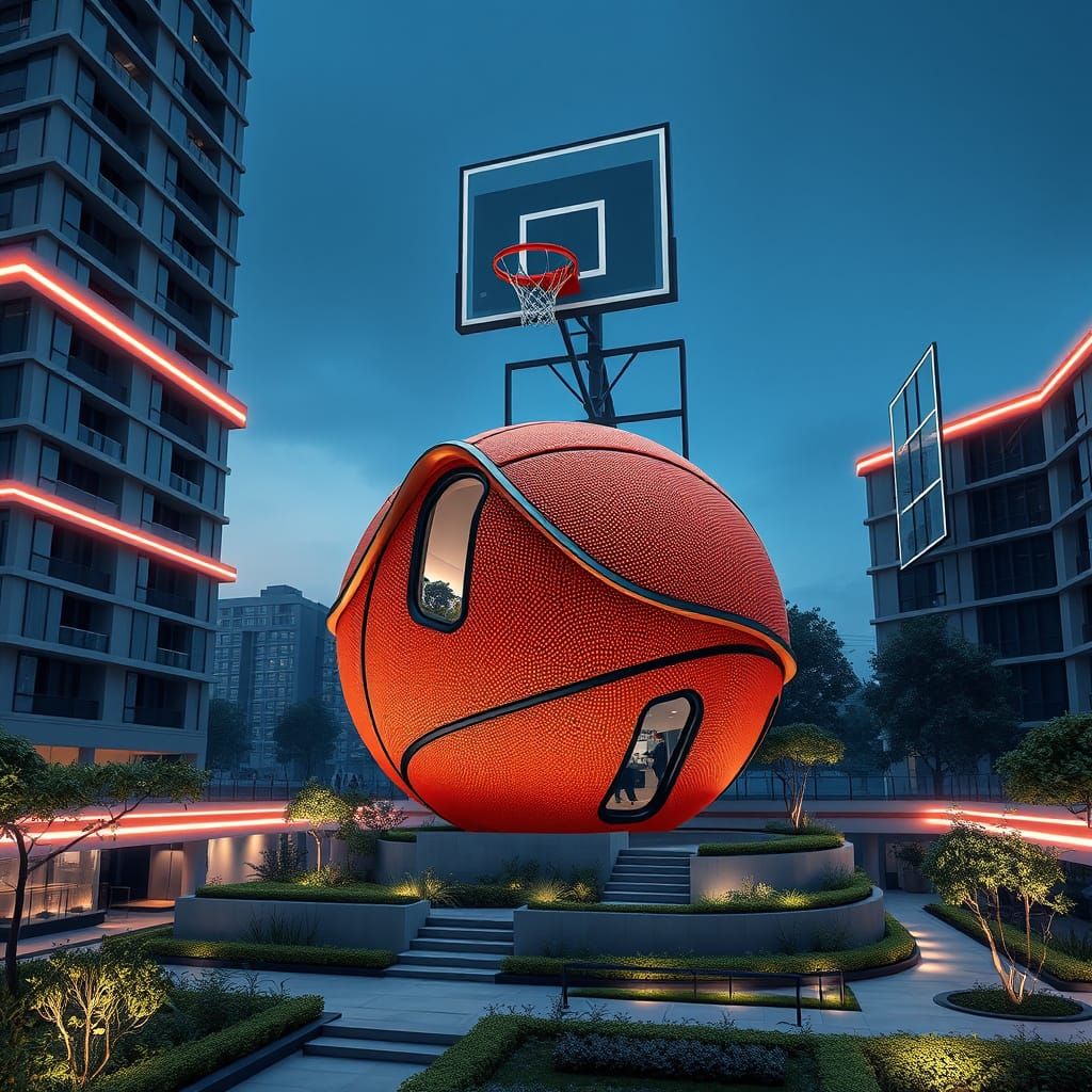 Futuristic Basketball House Emerging from Metal Hoop