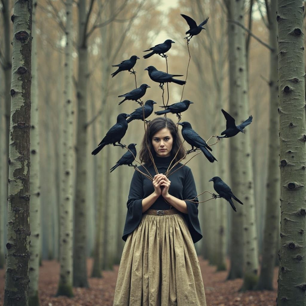 Crows in Dark Forest, Surreal Fine Art Photography