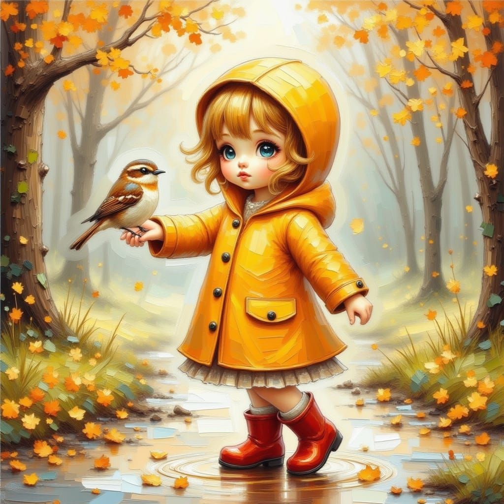 Girl and Sparrow in Beatrix Potter Style