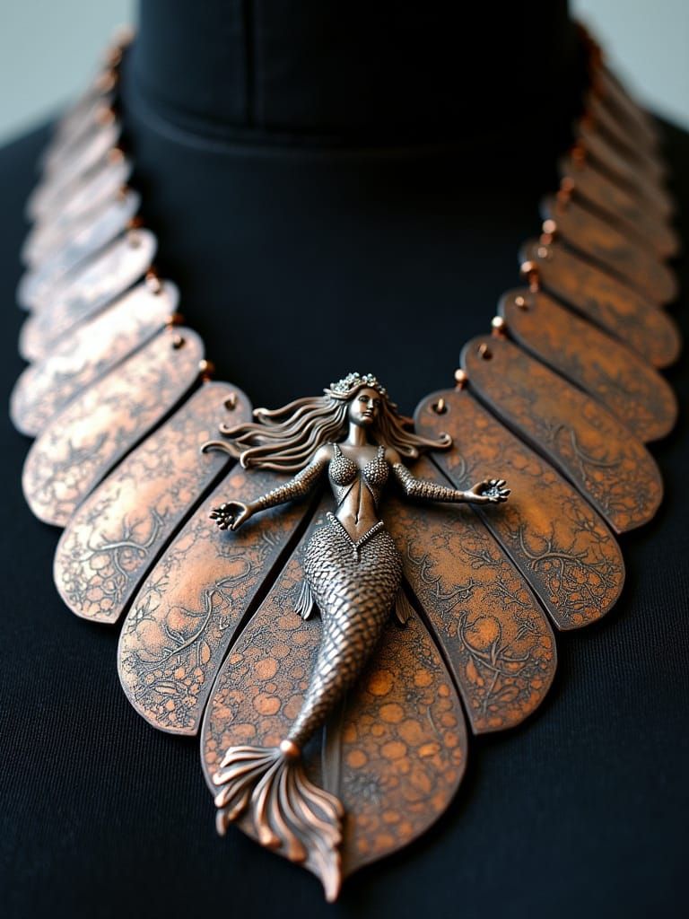 Sultry Mermaid Adorns Futuristic Necklace in Art Nouveau Sty...