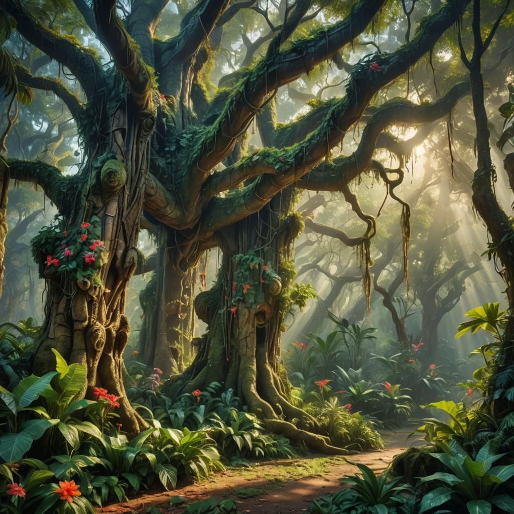 Exotic Wildlife in Jungle, Impressionist Winter Morning