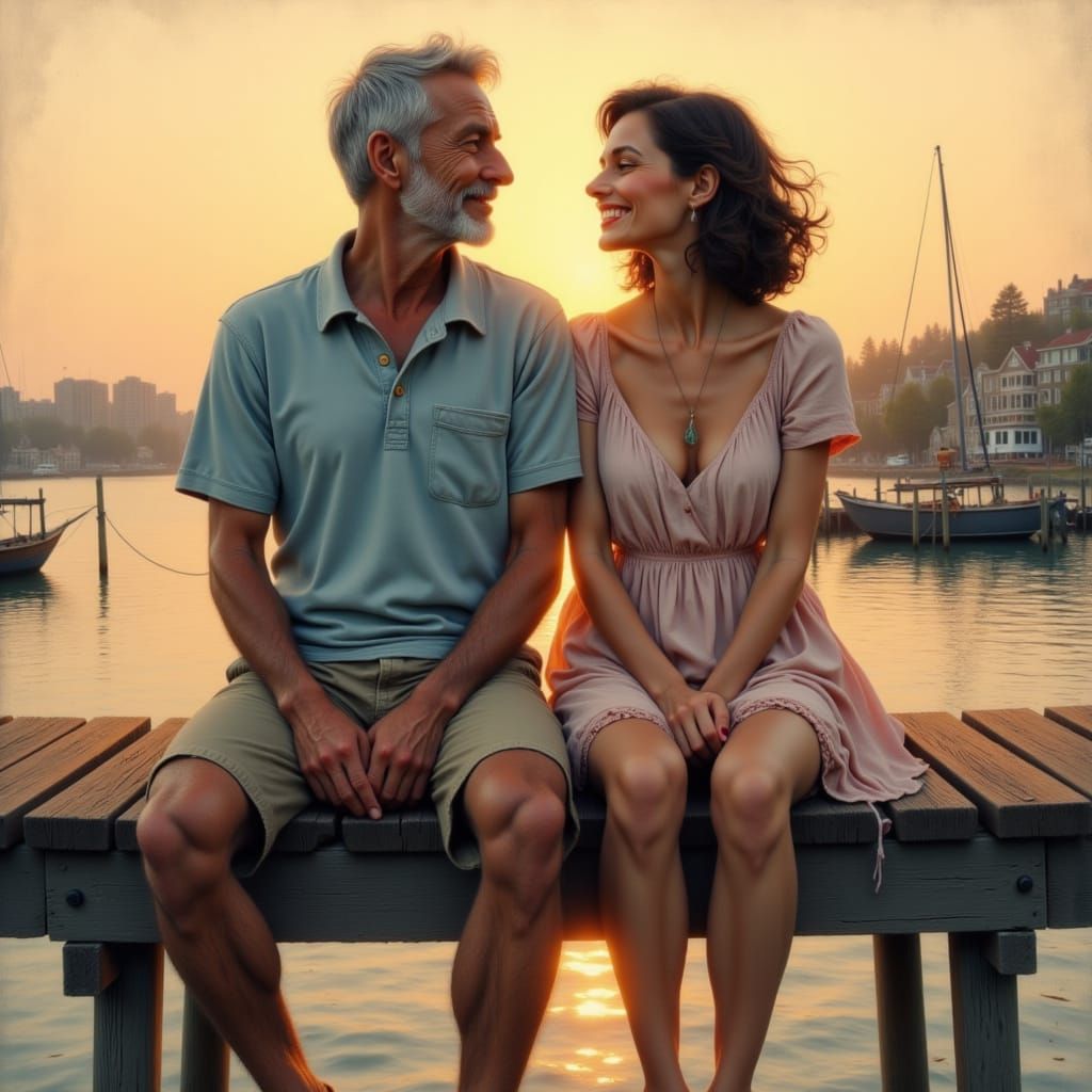 Golden Hour Pier: An Impressionistic Couple's Serenity