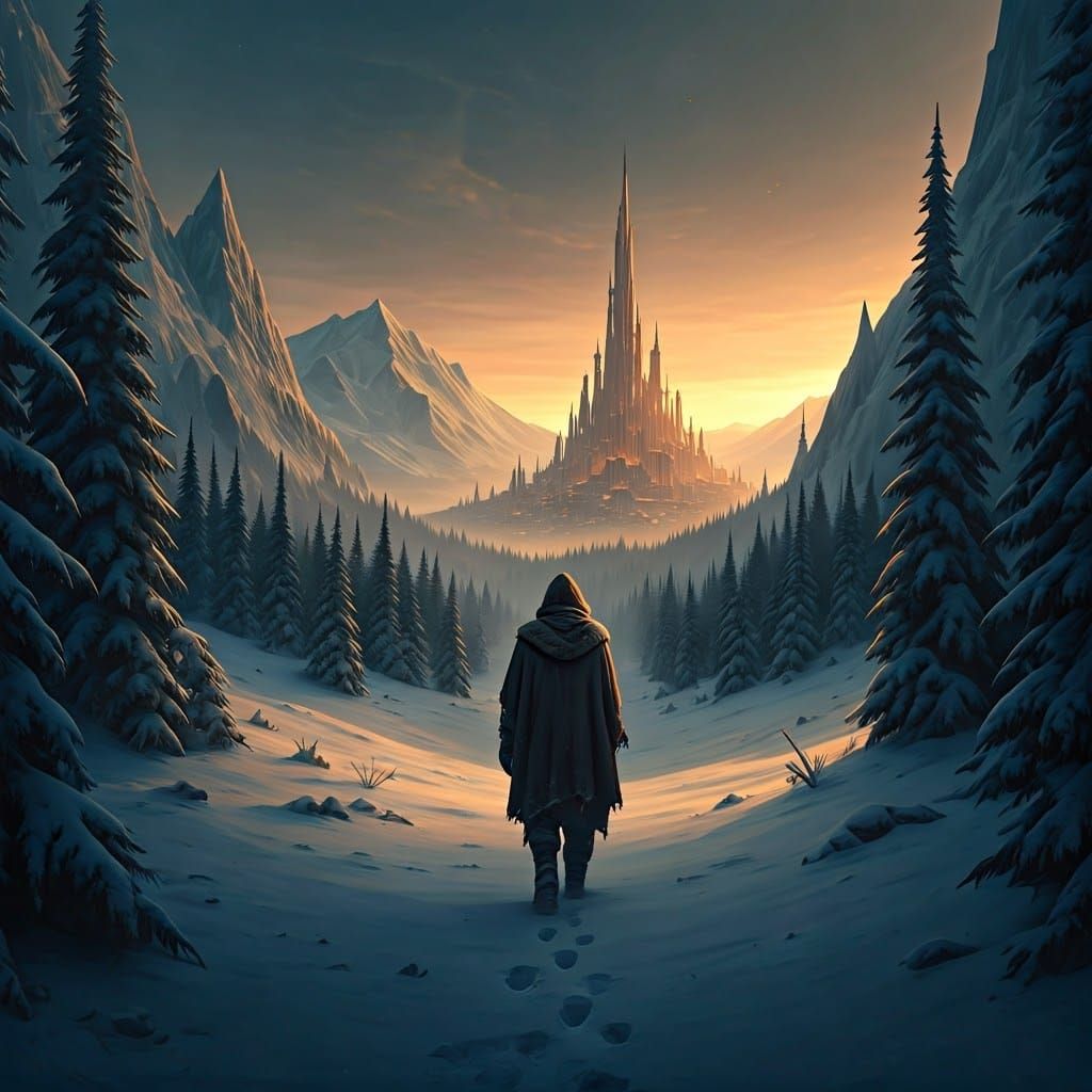 Lone Traveler in Snowy Landscape as Matte Painting