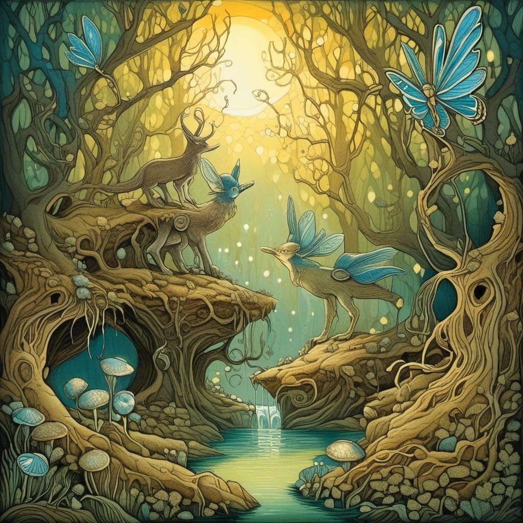 Enchanted Forest Fairy in Block Print Style